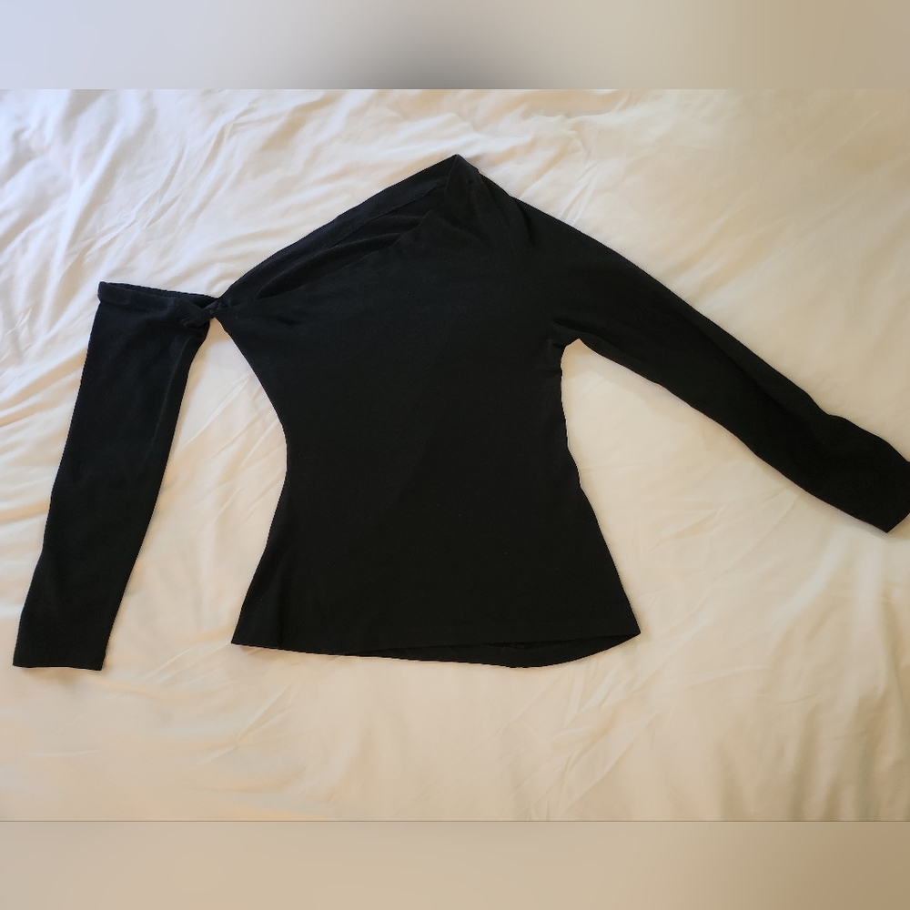 Size L Black Asymmetrical Long Sleeve Off the Shoulder Fitted Top